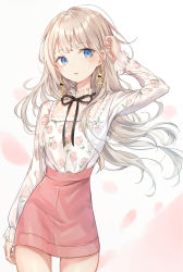 Rule 34 | 1girl, black ribbon, blue eyes, breasts, cowboy shot, cross, earrings, floating hair, floral print, glint, hand up, high-waist skirt, highres, hoop earrings, hor, jewelry, long hair, long sleeves, looking at viewer, nabi (uz02), neck ribbon, original, parted lips, pink skirt, ribbon, shirt, shirt tucked in, sidelocks, silver hair, skirt, small breasts, solo, standing, white shirt