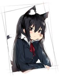 Rule 34 | 1girl, :&lt;, animal ear fluff, animal ears, black hair, black shirt, brown eyes, buttons, cat ears, cat girl, cat tail, closed mouth, commentary request, extra ears, highres, k-on!, kemonomimi mode, kyoto animation, long hair, long sleeves, looking at viewer, nakano azusa, neck ribbon, red ribbon, ribbon, school uniform, shirt, sidelocks, silver (chenwen), solo, tail, twintails, undershirt, upper body, wing collar