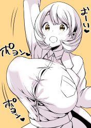 Rule 34 | 10s, 1girl, bad id, bad twitter id, breasts, huge breasts, kuuneru (ojigi), monochrome, narusawa ryouka, occultic;nine, open mouth, shirt tucked in, simple background, solo, yellow background