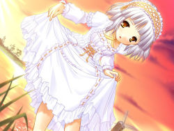 Rule 34 | 1girl, clothes lift, cloud, dress, dress lift, dutch angle, game cg, hairband, looking at viewer, miu (triptych), nimura yuuji, outdoors, saiga (company), short hair, sky, solo, sunset, triptych, wading, water, white hair, windmill, yellow eyes