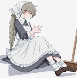 Rule 34 | 1girl, apron, blush, bow, braid, breasts, broom, brown footwear, closed mouth, collared dress, dress, frilled apron, frills, grey hair, hair bow, head scarf, highres, long bangs, long dress, long hair, long sleeves, looking at viewer, maid, maid apron, messy hair, mustee, original, own hands together, paid reward available, sidelocks, simple background, sitting, small breasts, smile, socks, solo, variant set, waist apron, white apron, white background, white socks, yellow eyes