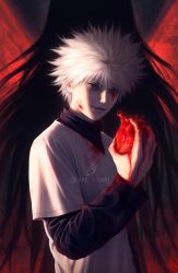 Rule 34 | 1boy, artcami, black shirt, blood, blood on clothes, blood on face, blood on hands, blue eyes, closed mouth, commentary, english commentary, heart, heart (organ), highres, holding, holding heart, holding organ, hunter x hunter, illumi zoldyck, instagram username, killua zoldyck, layered sleeves, long sleeves, looking at viewer, male focus, shirt, short hair, short over long sleeves, short sleeves, smile, solo focus, turtleneck, white hair, white shirt