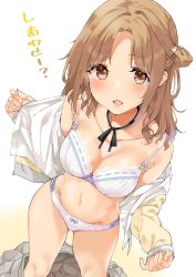 Rule 34 | 1girl, asymmetrical hair, bare legs, bare shoulders, black ribbon, blush, bra, breasts, brown cardigan, brown eyes, brown hair, cardigan, cleavage, collarbone, commentary, cowboy shot, from above, grey skirt, groin, ichikawa hinana, idolmaster, idolmaster shiny colors, lace, lace-trimmed bra, lace trim, long hair, long sleeves, looking at viewer, mamedenkyuu (berun), medium breasts, midriff, miniskirt, navel, neck ribbon, off shoulder, open clothes, open mouth, open shirt, panties, parted bangs, partially undressed, pleated skirt, ribbon, shirt, simple background, skirt, unworn skirt, smile, solo, thighs, translated, underwear, white background, white bra, white panties, white shirt