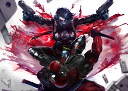 Rule 34 | 1boy, 1girl, bad id, bad pixiv id, blood, bodysuit, boots, breasts, cellphone, cleavage, colored skin, combat boots, deadpool, deadpool (series), domino (marvel), dominos, dual wielding, fingerless gloves, gloves, gun, guro, handgun, highres, holding, in the face, large breasts, marvel, mask, matsuba (idiotlantern), no pupils, phone, pistol, short hair, smartphone, sword, taking picture, weapon, white skin