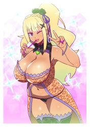 Rule 34 | 1girl, armpits, blonde hair, breasts, cleavage, closed mouth, cowboy shot, cup, dark skin, dark-skinned female, detached collar, drinking, drinking straw, emilia (re:zero), female focus, gyaru, happy, high ponytail, highres, large breasts, legs, legs together, lipstick, long hair, looking at viewer, makeup, nail polish, navel, one eye closed, pink eyes, pink nails, ponytail, re:zero kara hajimeru isekai seikatsu, red lips, simple background, smile, solo, standing, straw, tetrodotoxin, thighhighs, thighs, thong, v, wink