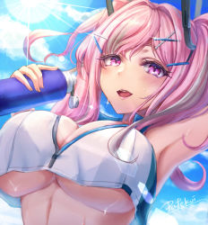 Rule 34 | 1girl, :d, arm up, armpits, azur lane, blue sky, blush, bottle, breasts, bremerton (azur lane), bremerton (scorching-hot training) (azur lane), cleavage, cloud, commentary request, crop top, crop top overhang, day, eyebrows hidden by hair, glint, grey hair, hair between eyes, hair intakes, hair ornament, hairclip, highres, holding, holding bottle, large breasts, lens flare, long hair, looking at viewer, midriff, multicolored hair, no mole, open mouth, pafekui, pink eyes, pink hair, shirt, sidelocks, signature, sky, sleeveless, sleeveless shirt, smile, solo, sportswear, streaked hair, sun, sunlight, sweat, tennis uniform, twintails, two-tone hair, two-tone shirt, underboob, upper body, water bottle, x hair ornament