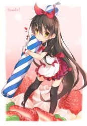 Rule 34 | 1girl, :3, apron, black thighhighs, bow, brown hair, cake, candle, food, from above, fruit, gloves, gradient background, hair bow, heart, icing, long hair, looking at viewer, mini person, minigirl, rokushou, shakugan no shana, shana, skirt, solo, strawberry, thighhighs, very long hair, yellow eyes, zettai ryouiki