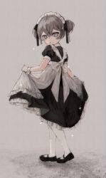 Rule 34 | 1girl, absurdres, apron, black dress, black footwear, black ribbon, blue eyes, blush, child, dress, expressionless, grey background, grey hair, hair between eyes, hair ribbon, highres, looking at viewer, maid, maid headdress, mary janes, original, pantyhose, parted lips, ribbon, shoes, short hair, short sleeves, short twintails, skirt hold, solo, sparkle, tomoja rs, twintails, white apron, white pantyhose, wrist cuffs