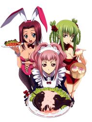 Rule 34 | 3girls, alternate costume, animal ears, anya alstreim, braid, breasts, c.c., china dress, chinese clothes, cleavage, cleavage cutout, clothing cutout, code geass, dress, enmaided, fake animal ears, female focus, fishnet pantyhose, fishnets, food, highres, kouzuki kallen, looking at viewer, maid, multiple girls, pantyhose, playboy bunny, rabbit ears, smile