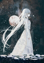 Rule 34 | 1girl, bare shoulders, closed mouth, dress, from side, full moon, highres, long dress, long hair, moon, original, oseto (oxxsexxto), painting (medium), pale skin, profile, sky, sleeveless, sleeveless dress, solo, standing, star (sky), traditional media, very long hair, water, watercolor (medium), white dress, white hair