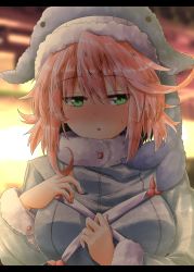 Rule 34 | 1girl, animal hat, backlighting, blue hat, blush, breasts, commentary request, green eyes, hat, highres, large breasts, letterboxed, long sleeves, looking at viewer, okunoda miyoi, oshiaki, parted lips, pink hair, solo, sweatdrop, touhou, upper body, whale hat
