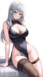 Rule 34 | 1girl, absurdres, bare arms, bare shoulders, black dress, black thighhighs, blue eyes, blush, breasts, cleavage, dress, floral print, grey hair, highres, large breasts, long hair, looking at viewer, original, simple background, single thighhigh, sleeveless, sleeveless dress, smile, thigh strap, thighhighs, thighs, torrentduck, white background