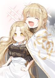Rule 34 | 1boy, 2girls, androgynous, armor, blonde hair, blush, blush stickers, braid, brother and sister, cape, charles (gu599), closed eyes, commentary request, covered eyes, crown braid, crying, elden ring, gauntlets, gold trim, helmet, highres, hug, hug from behind, korean commentary, long hair, malenia blade of miquella, miquella (elden ring), mixed-language commentary, multiple girls, needle knight leda, open mouth, ponytail, siblings, sidelocks, sleeveless, sleeveless tunic, trap, tunic, very long hair, white background, white cape, white tunic, winged helmet