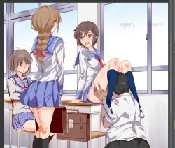 Rule 34 | 1boy, 3girls, age difference, artist request, bag, blush, bookbag, breasts, brown hair, cunnilingus, desk, from behind, multiple girls, oral, school uniform, sexually suggestive, short hair, standing, thighs