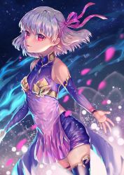 Rule 34 | 1girl, absurdres, detached sleeves, earrings, fate/grand order, fate (series), flat chest, floating hair, hair ribbon, highres, huge filesize, jewelry, kama (fate), kama (first ascension) (fate), long sleeves, looking at viewer, parted lips, pink ribbon, purple shirt, purple shorts, purple sleeves, purple thighhighs, raymond busujima, red eyes, ribbon, shiny skin, shirt, short hair, short shorts, shorts, silver hair, sleeveless, sleeveless shirt, solo, standing, thighhighs, zettai ryouiki