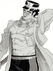 Rule 34 | 1boy, abs, bara, cowboy shot, facial scar, golden kamuy, greyscale, hat, head tilt, highres, kepi, kon likes corn, large pectorals, looking at viewer, male focus, military hat, monochrome, muscular, muscular male, navel, nipples, pectorals, scar, scar on cheek, scar on face, scar on nose, short hair, solo, standing, stomach, sugimoto saichi, unamused