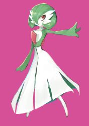Rule 34 | 1girl, absurdres, arm up, blueberry tea, bob cut, closed mouth, collarbone, colored skin, creatures (company), female focus, flat chest, full body, game freak, gardevoir, gen 3 pokemon, green hair, green skin, hair over one eye, highres, legs apart, looking to the side, multicolored skin, nintendo, outstretched arm, pink background, pokemon, pokemon (creature), red eyes, short hair, simple background, solo, standing, two-tone skin, white skin