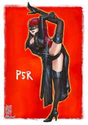 Rule 34 | 1girl, 2019, artist name, black jacket, black thighhighs, copyright name, dated, full body, gloves, high heels, holding, ikeda (cpt), jacket, leotard, long hair, looking at viewer, mask, open mouth, persona, persona 5, persona 5 the royal, ponytail, red background, red eyes, red gloves, red hair, ribbon, scabbard, sheath, sheathed, simple background, smile, solo, split, standing, standing on one leg, strappy heels, sword, thighhighs, twitter username, weapon, yoshizawa kasumi