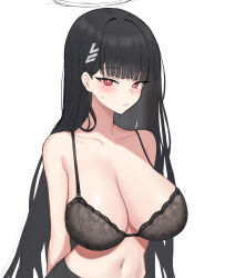 Rule 34 | 1girl, absurdres, black bra, black hair, blue archive, blunt bangs, blush, boneseing, bra, breasts, cleavage, hair ornament, hairclip, halo, highres, lace, lace-trimmed bra, lace trim, large breasts, lingerie, long hair, looking at viewer, navel, pout, red eyes, rio (blue archive), simple background, solo, underwear, underwear only, upper body, very long hair, white background