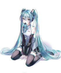 Rule 34 | 1girl, :3, aqua eyes, aqua hair, aqua nails, aqua necktie, arm tattoo, bare shoulders, black footwear, black skirt, black sleeves, blush, boots, closed mouth, collared shirt, commentary, detached sleeves, eyelashes, fingernails, full body, hair between eyes, hair ornament, hatsune miku, headphones, headset, highres, long hair, long sleeves, looking at viewer, microphone, miniskirt, mouth hold, nail polish, necktie, number tattoo, pleated skirt, shadow, shirt, sidelocks, sitting, skirt, sleeveless, sleeveless shirt, smile, solo, tattoo, thigh boots, thighhighs, twintails, v arms, very long hair, vocaloid, wariza, white background, white shirt, wide sleeves, wing collar, yon (tellmedoor), zettai ryouiki