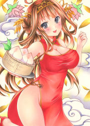Rule 34 | 1girl, :d, ahoge, alternate costume, bare shoulders, blush, breasts, brown hair, china dress, chinese clothes, cleavage, cleavage cutout, clothing cutout, covered erect nipples, covered navel, double bun, dress, grey eyes, groin, hair bun, hairband, high heels, highres, holding, kantai collection, kongou (kancolle), large breasts, leg up, long hair, looking at viewer, marker (medium), no panties, open mouth, orange hairband, pelvic curtain, red dress, red footwear, saya pr, shoes, sleeveless, sleeveless dress, smile, solo, thighs, traditional media