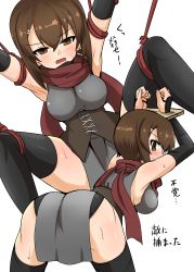 Rule 34 | 1girl, absurdres, alternate costume, armpits, ass, bdsm, bent over, black gloves, black panties, black thighhighs, blush, bound, breasts, brown eyes, brown hair, dress, elbow gloves, fingerless gloves, from behind, frown, girls und panzer, gloves, green dress, hair ornament, hairclip, half-closed eyes, highres, legs, looking at viewer, looking back, medium breasts, microdress, multiple views, ninja, nishizumi maho, open mouth, panties, red scarf, scarf, short hair, simple background, sleeveless, sleeveless dress, spread legs, standing, sweat, thighhighs, underbust, underwear, white background, yogurt bakudan