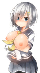 Rule 34 | 10s, 1girl, blue eyes, breasts, breasts out, gloves, hair ornament, hairclip, hamakaze (kancolle), highres, kantai collection, large breasts, mizushina minato, nipples, pantyhose, school uniform, serafuku, short hair, silver hair, simple background, skirt, solo, white background, white gloves