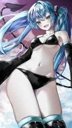 Rule 34 | 1girl, :d, aqua eyes, bare shoulders, bikini, black bikini, black thighhighs, blue hair, blush, breasts, collarbone, cowboy shot, demon tail, detached sleeves, hatsune miku, highres, long hair, long sleeves, medium breasts, navel, open mouth, outdoors, purple sky, shirubaa, sky, smile, solo, stomach, swimsuit, tail, thighhighs, thighs, twintails, underboob, very long hair, vocaloid