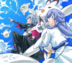 Rule 34 | 2girls, :d, absurdres, bird, black jacket, black skirt, blue eyes, blue hair, blue sky, chicken, chinese clothes, english text, eudaemonm, fu hua, fu hua (herrscher of sentience), grey hair, hair between eyes, hair ornament, highres, holding, honkai (series), honkai impact 3rd, jacket, long hair, long skirt, long sleeves, looking at viewer, multicolored hair, multiple girls, open mouth, pointing, pointing up, red eyes, skirt, sky, smile, streaked hair, white jacket, white skirt
