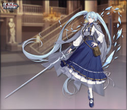 Rule 34 | 1girl, artist request, bag, black survival, blue eyes, blue footwear, blue hair, blurry, blurry background, closed mouth, coat, coat on shoulders, dress, elena (black survival), full body, grey coat, hand on own hip, highres, holding, holding sword, holding weapon, long sleeves, looking at viewer, official alternate costume, official art, shoulder bag, solo, sword, twintails, weapon, white legwear