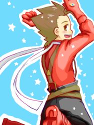 Rule 34 | 00s, 1boy, blush, boots, brown eyes, brown hair, gloves, jumping, lloyd irving, male focus, oekaki, short hair, smile, solo, star (symbol), tales of (series), tales of symphonia