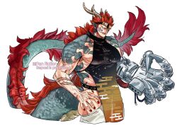 Rule 34 | china dress, chinese clothes, dragon horns, dress, eustass kid, green tail, horns, mechanical arms, pointy ears, red hair, scales, scar