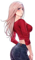 Rule 34 | 1girl, alternate costume, applekun, arched back, ass, bad id, bad twitter id, blush, breasts, casual, denim, earrings, fate/grand order, fate (series), feather earrings, feathers, hair blowing, highres, jeans, jewelry, lipstick, long hair, long sleeves, looking at viewer, looking back, makeup, medium breasts, miyamoto musashi (fate), pants, pink hair, purple eyes, red shirt, shirt, simple background, sleeves rolled up, smile, solo, straight hair, white background
