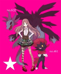 Rule 34 | 1girl, argyle, argyle clothes, argyle legwear, asymmetrical legwear, bad id, bad pixiv id, black sclera, brown hair, checkered clothes, checkered skirt, colored sclera, creatures (company), crossed arms, dress shirt, fangs, game freak, gen 4 pokemon, gen 5 pokemon, green eyes, hands on own hips, highres, hydreigon, layered skirt, long hair, mary janes, mismatched legwear, multiple heads, ngayope, nintendo, no nose, one eye closed, open mouth, pantyhose, parted bangs, pigeon-toed, pink eyes, plaid, plaid skirt, pleated skirt, pokemon, pokemon (creature), polka dot, red eyes, shirt, shoes, skirt, star (symbol), strap, striped clothes, striped pantyhose, striped thighhighs, tail, thighhighs, weavile, wings, wink