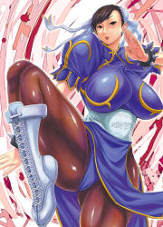 Rule 34 | 1girl, :d, black eyes, black hair, blue dress, blush, boots, bracelet, breasts, breasts apart, brown eyes, brown hair, brown pantyhose, bun cover, capcom, china dress, chinese clothes, chun-li, cowboy shot, cross-laced footwear, crotch, curvy, double bun, dragon print, dress, earrings, fighting stance, frills, hair bun, huge breasts, impossible clothes, impossible dress, jewelry, knee boots, kokuriu, leg lift, lipstick, looking at viewer, makeup, muscular, muscular female, open mouth, outline, panties, pantyhose, pelvic curtain, puffy short sleeves, puffy sleeves, red lips, ribbon, sash, seductive smile, shiny clothes, short hair, short sleeves, side slit, smile, solo, spiked bracelet, spikes, spread legs, standing, standing on one leg, street fighter, swept bangs, thick thighs, thighs, turtleneck, underwear