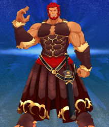 Rule 34 | 1boy, armor, armored skirt, bara, beard, belt, biceps, blue background, chest armor, chest belt, chest plate, dust, facial hair, fate/grand order, fate (series), frown, gauntlets, gladius, hand up, iskandar (fate), karakuraax, large pectorals, long skirt, male focus, mature male, muscular, muscular male, open mouth, pectoral cleavage, pectorals, red eyes, red hair, sandals, scabbard, sheath, sidepec, skirt, smile, solo, spiked hair, sword, tan, teeth, thick arms, thick eyebrows, tongue, veins, veiny arms, weapon