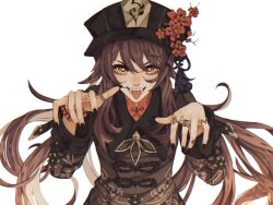 Rule 34 | 1girl, bead bracelet, beads, black hat, black nails, black tassel, bracelet, brown eyes, brown hair, brown jacket, chinese clothes, fangs, flower, flower-shaped pupils, genshin impact, hands up, hat, hat flower, hat tassel, highres, jacket, jewelry, kozdoma, long hair, looking ahead, looking at viewer, mandarin collar, multiple rings, outstretched arms, red eyes, red shirt, ring, shirt, sidelocks, simple background, solo, swept bangs, symbol-shaped pupils, tongue, tongue out, upper body, white background, zombie pose
