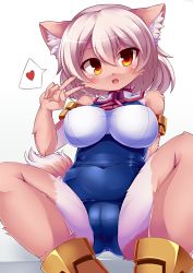 Rule 34 | 1girl, animal ear fluff, animal ears, body fur, breasts, brown fur, brown hair, cameltoe, commentary request, fang, furry, furry female, heart, highres, large breasts, medium hair, open mouth, orange eyes, original, simple background, solo, spoken heart, tail, tatuyayosi, two-tone fur, v, white fur
