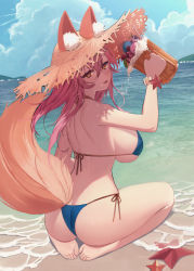 Rule 34 | 1girl, animal ear fluff, animal ears, ass, back, bare arms, bare shoulders, barefoot, beach, beer mug, bikini, blue bikini, blush, bracelet, breasts, brown eyes, cloud, commentary request, cup, day, ears through headwear, fate/grand order, fate (series), foam, food, fox ears, fox girl, fox tail, fruit, full body, halterneck, hat, highres, holding, holding cup, jewelry, large breasts, long hair, looking at viewer, looking back, mug, myao (o3o333), ocean, pink hair, revision, shoulder blades, side-tie bikini bottom, sideboob, sidelocks, sky, solo, starfish, straw hat, string bikini, swimsuit, tail, tamamo (fate), tamamo no mae (fate/extra), tamamo no mae (swimsuit lancer) (fate), thighs, tongue, tongue out, water, yellow eyes