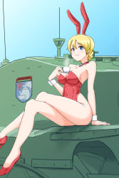 Rule 34 | 1girl, absurdres, animal ears, bare shoulders, blonde hair, blue eyes, braid, breasts, choker, churchill (tank), closed mouth, commentary, covered navel, crossed legs, cup, darjeeling (girls und panzer), emblem, fake animal ears, girls und panzer, heart, heart choker, high heels, highres, holding, holding cup, legs, leotard, looking at viewer, medium breasts, military, military vehicle, motor vehicle, no legwear, nyang-kaz, on vehicle, playboy bunny, rabbit ears, red choker, red footwear, red leotard, short hair, sitting, smile, solo, st. gloriana&#039;s (emblem), strapless, strapless leotard, stream, tank, teacup, thighs, twin braids, wrist cuffs