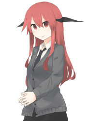 Rule 34 | 1girl, bat wings, black necktie, collared shirt, cowboy shot, dress shirt, hair between eyes, head wings, highres, hinami047, jacket, koakuma, long hair, long sleeves, looking at viewer, necktie, own hands together, red eyes, red hair, shirt, simple background, skirt, smile, solo, touhou, white background, white shirt, wings