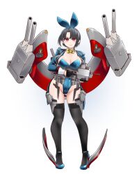 Rule 34 | 1girl, adapted costume, adapted turret, animal ears, black hair, blue leotard, blush, bow, bowtie, breasts, cannon, covered navel, detached collar, full body, gloves, grey background, kantai collection, large breasts, leotard, looking at viewer, machinery, playboy bunny, rabbit ears, rabbit tail, red eyes, rigging, short hair, solo, strapless, strapless leotard, tail, takao (kancolle), thighhighs, traditional bowtie, turret, udukikosuke, wrist cuffs