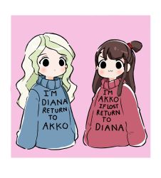 Rule 34 | 2girls, asymmetrical bangs, clothes writing, cropped torso, crossover, diana cavendish, english text, highres, if lost return to (meme), kagari atsuko, little witch academia, meme, multiple girls, pink background, rey 2911, simple background, sweater, v-shaped eyebrows, yuri