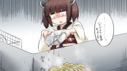 Rule 34 | 1girl, brown hair, commentary request, cup ramen, failure, headgear, highres, holding, instant soba, japanese clothes, kimono, long sleeves, neon-tetora, obi, open mouth, sash, shaded face, sink, solo, sweat, touhoku kiritan, translation request, twintails, voiceroid, white kimono, wide sleeves, yakisoba, yakisoba spill