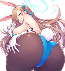 Rule 34 | 1girl, animal ears, ass, asuna (blue archive), asuna (bunny) (blue archive), blue archive, blue leotard, breasts, fake animal ears, fake tail, from behind, gloves, gogatsu no renkyuu, grin, halo, highres, large breasts, leotard, light brown hair, long hair, looking at viewer, looking back, official alternate costume, pantyhose, playboy bunny, rabbit ears, rabbit tail, simple background, smile, solo, tail, white background, white gloves