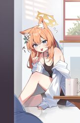 Rule 34 | 1girl, absurdres, animal ear fluff, animal ears, black camisole, blue archive, blue eyes, blush, breasts, camisole, cat ears, coffee mug, cup, flower, hair between eyes, hair flower, hair ornament, halo, highres, long hair, looking at viewer, mari (blue archive), mug, muo (muojjang 0929), open clothes, open shirt, orange hair, shirt, sleeves past wrists, small breasts, solo, tongue, tongue out, white flower, white shirt, yellow halo