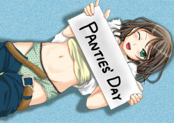 Rule 34 | 1girl, belt, blush, brown hair, clothes lift, clothes pull, denim, english text, green eyes, green panties, holding, jeans, long hair, lying, navel, on back, one eye closed, open mouth, original, panties, pants, pants pull, polka dot, polka dot panties, shirt, shirt lift, sign, smile, solo, underwear, undressing, wink, yummy (donyat1983)