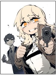 Rule 34 | 1boy, 1girl, aiming, aiming at viewer, blonde hair, blush, border, brown jacket, canteen, commentary request, excalibur (player), finger on trigger, gun, highres, holding, holding gun, holding weapon, jacket, looking at viewer, necktie, orange eyes, parted lips, player (webtoon), shirt, simple background, ssambatea, sweatdrop, tears, vest, waiter, weapon, white background, white border, white shirt