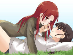 Rule 34 | 00s, 2girls, black eyes, black hair, blush, couple, girl on top, grass, highres, kanata (sentiment), long hair, lying, minna-dietlinde wilcke, multiple girls, on back, red eyes, red hair, sakamoto mio, strike witches, world witches series, yuri
