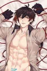Rule 34 | 1boy, abs, antenna hair, black gloves, blush, brown hair, collarbone, commentary, earrings, eyeliner, genshin impact, gloves, gradient hair, hair between eyes, highres, jewelry, male focus, multicolored hair, muscular, muscular male, navel, open clothes, open mouth, open shirt, orange eyes, orange hair, parted lips, pectorals, pubic tattoo, red eyeliner, rourouki, single earring, smile, solo, tattoo, wing collar, zhongli (genshin impact)